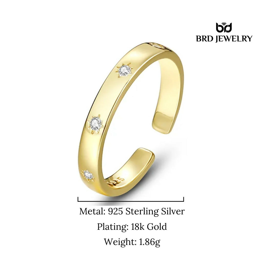Gold Plated Star Cz Silver Band Ring, Zircon Adjustable Silver Ring For Women & Girls (Adjustable)