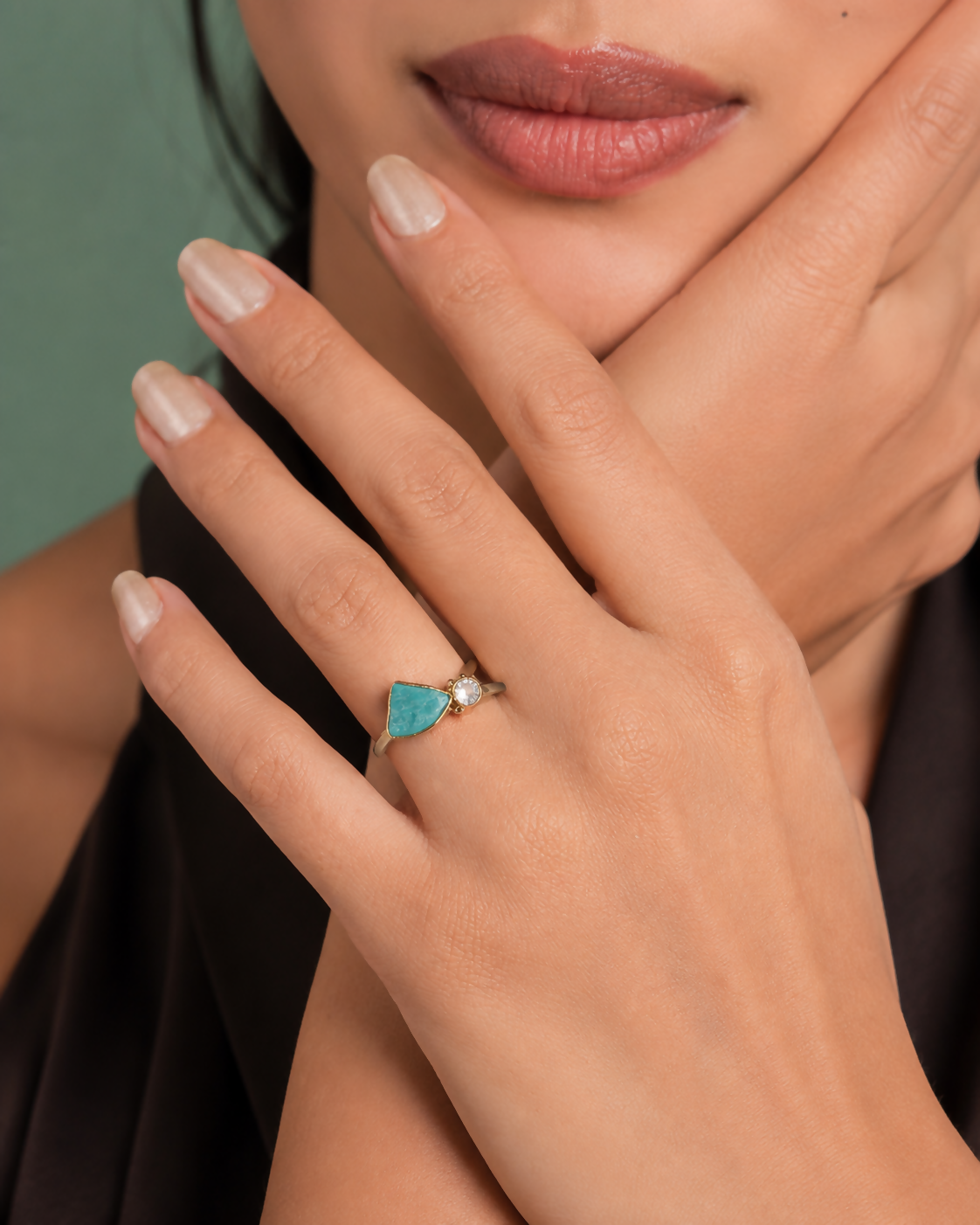 Azure Harmony Amazonite & Rose Quartz Gold Plated 925 Sterling Silver Ring