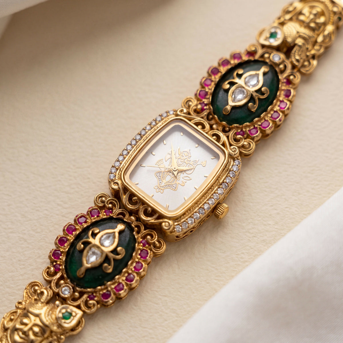 Antique Gold Deity Dial CZ Cushion Emerald Cabochon Temple Bracelet Watch for Women & Girls | Stylish Watch | Wrist Watches for Girls | Ideal for gifting | Gift for Diwali, Christmas, Marriage, Birthday, anniversary, wedding