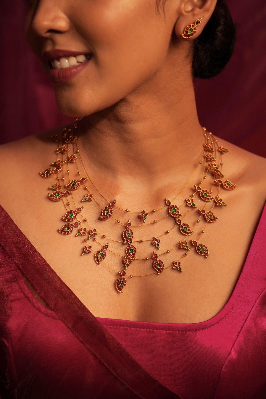 Womens Layered Necklaces with Temple Design in Dull Pink