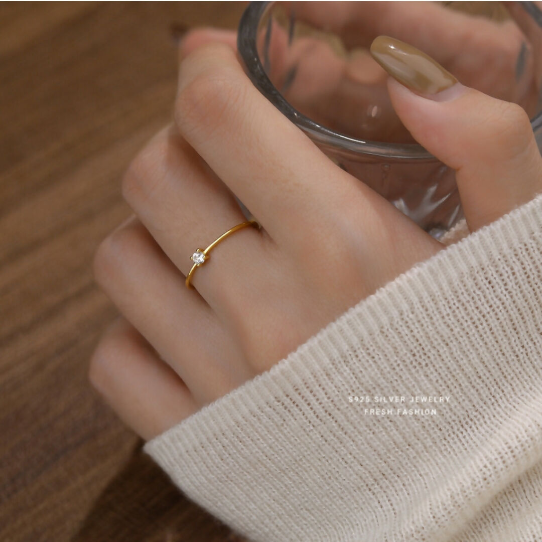 925 Sterling Silver Gold Plated Dainty Solitaire Ring I Adjustable Silver Rings For Women & Girls (Adjustable)
