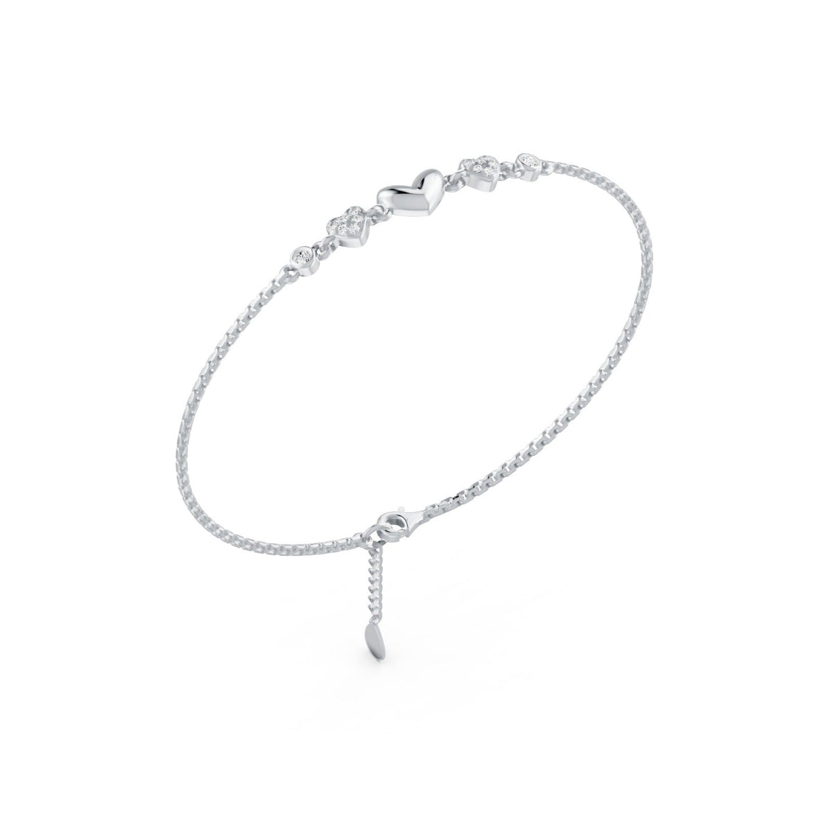 Heartfelt Trio Pure Rhodium Plated 925 Sterling Silver Bracelet