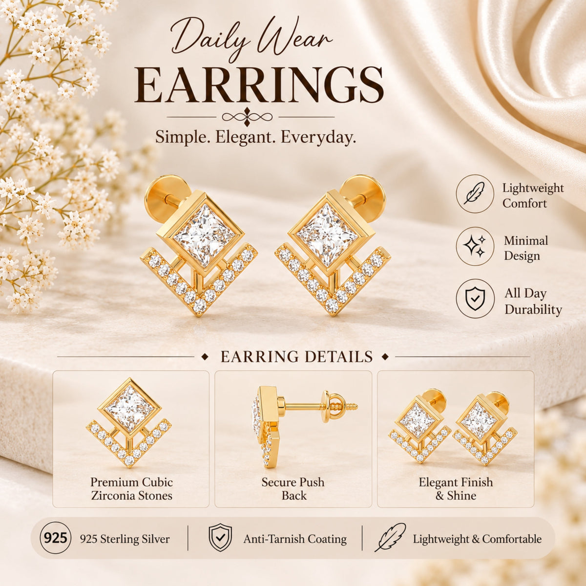 Veyra Geometric Diamond Gold Plated 925 sterling silver Stud