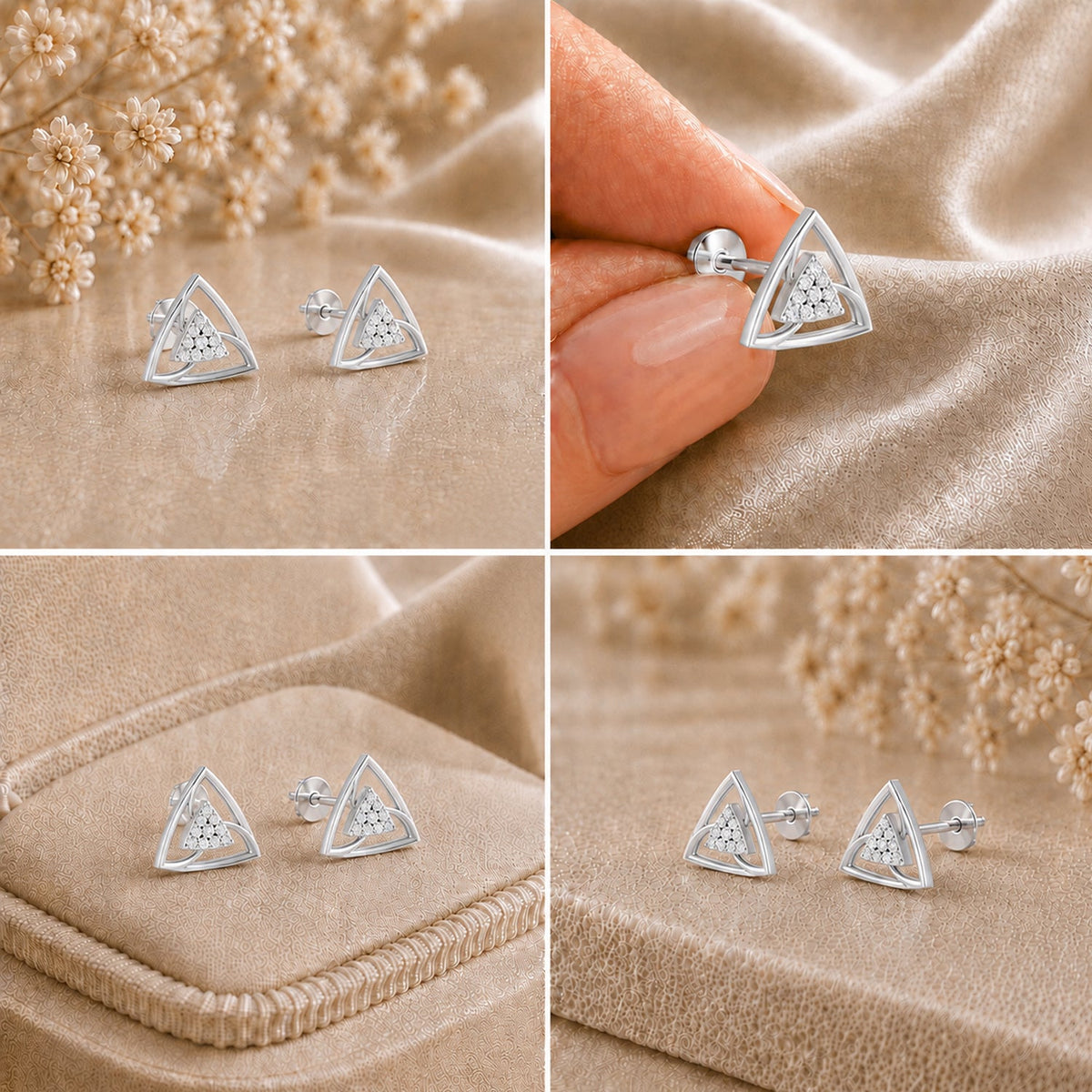 Trinity Triangle Diamond Rhodium plated 925 Sterling Silver Stud