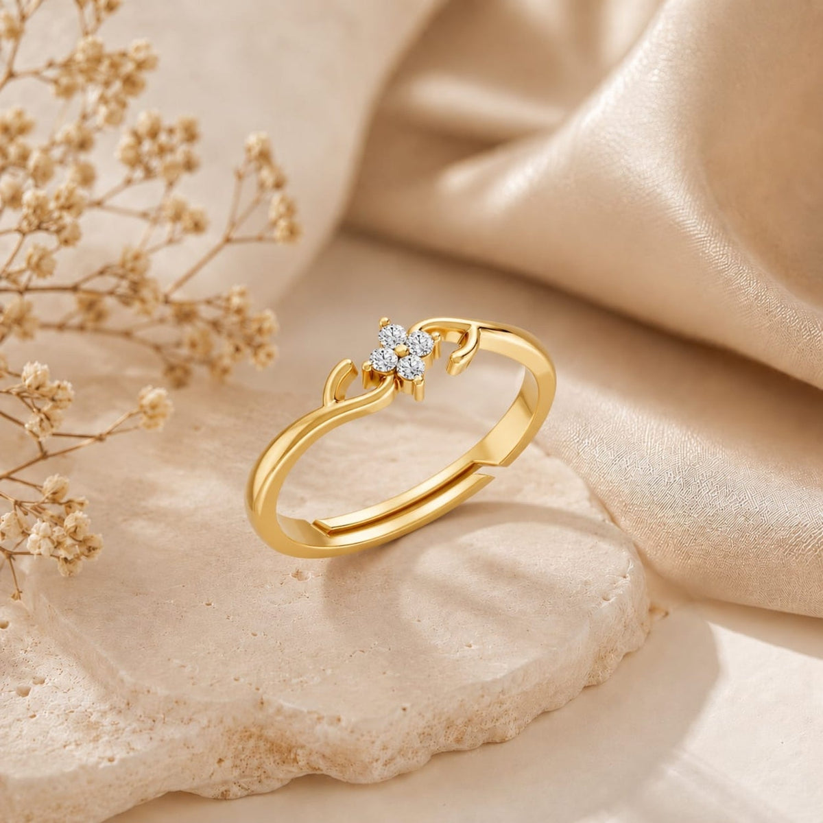 Four-Petal Floral Cluster Gold Plated Ring