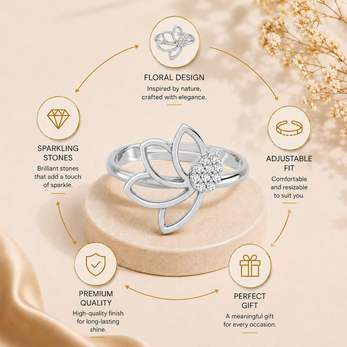 Pavé Teardrop Leaf Rhodium Plated 925 sterling silver Ring