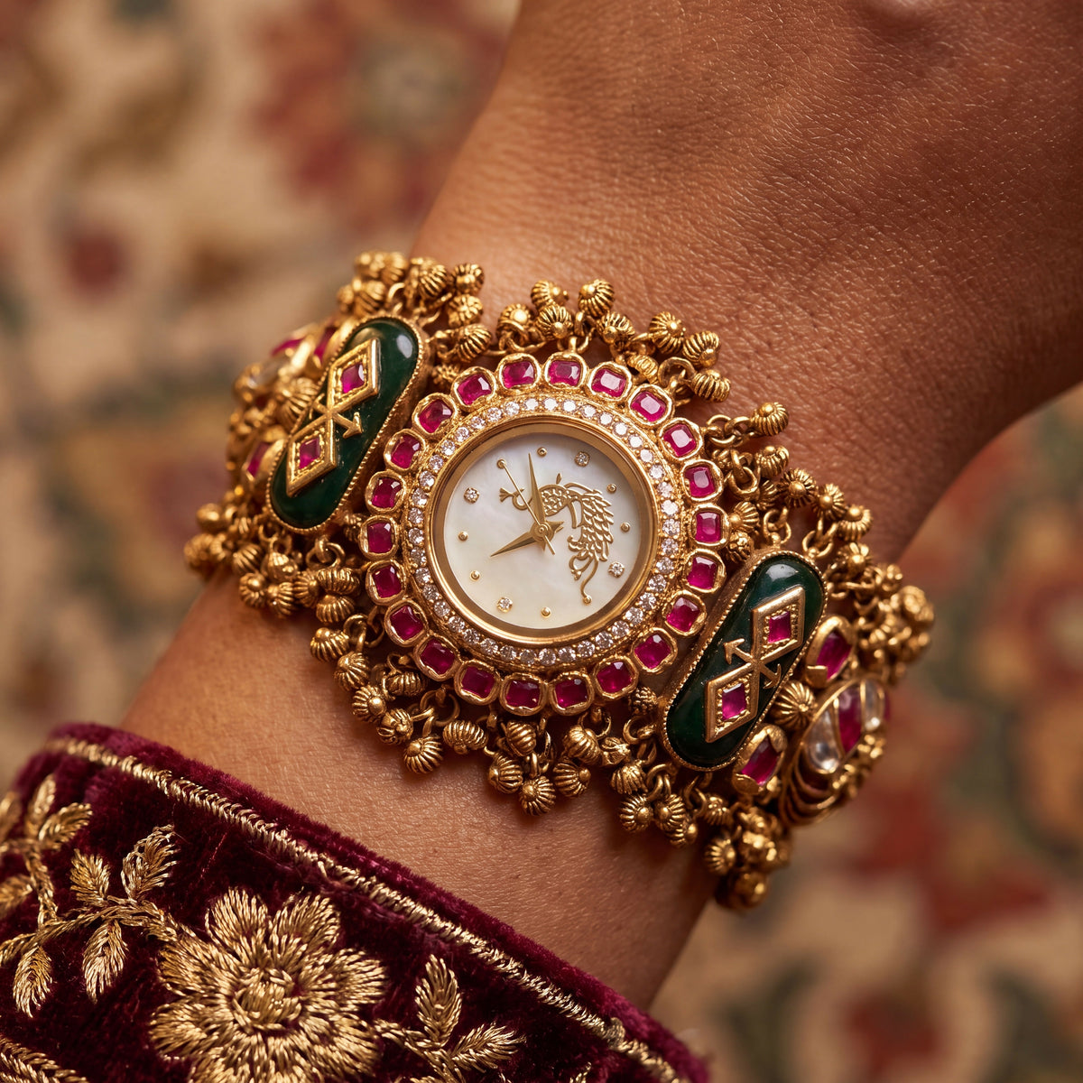 Antique Gold White Dial Peacock Motif Ruby Bezel Meenakari Ghungroo Bracelet Watch for Women & Girls | Stylish Watch | Wrist Watches for Girls | Ideal for gifting | Gift for Diwali, Christmas, Marriage, Birthday, anniversary, wedding