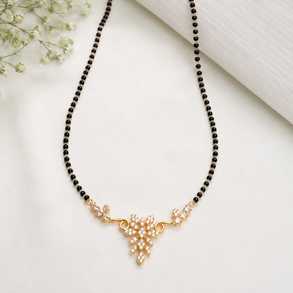 925 Sterling Silver Gold Plated Floral Marquise CZ Modern Mangalsutra