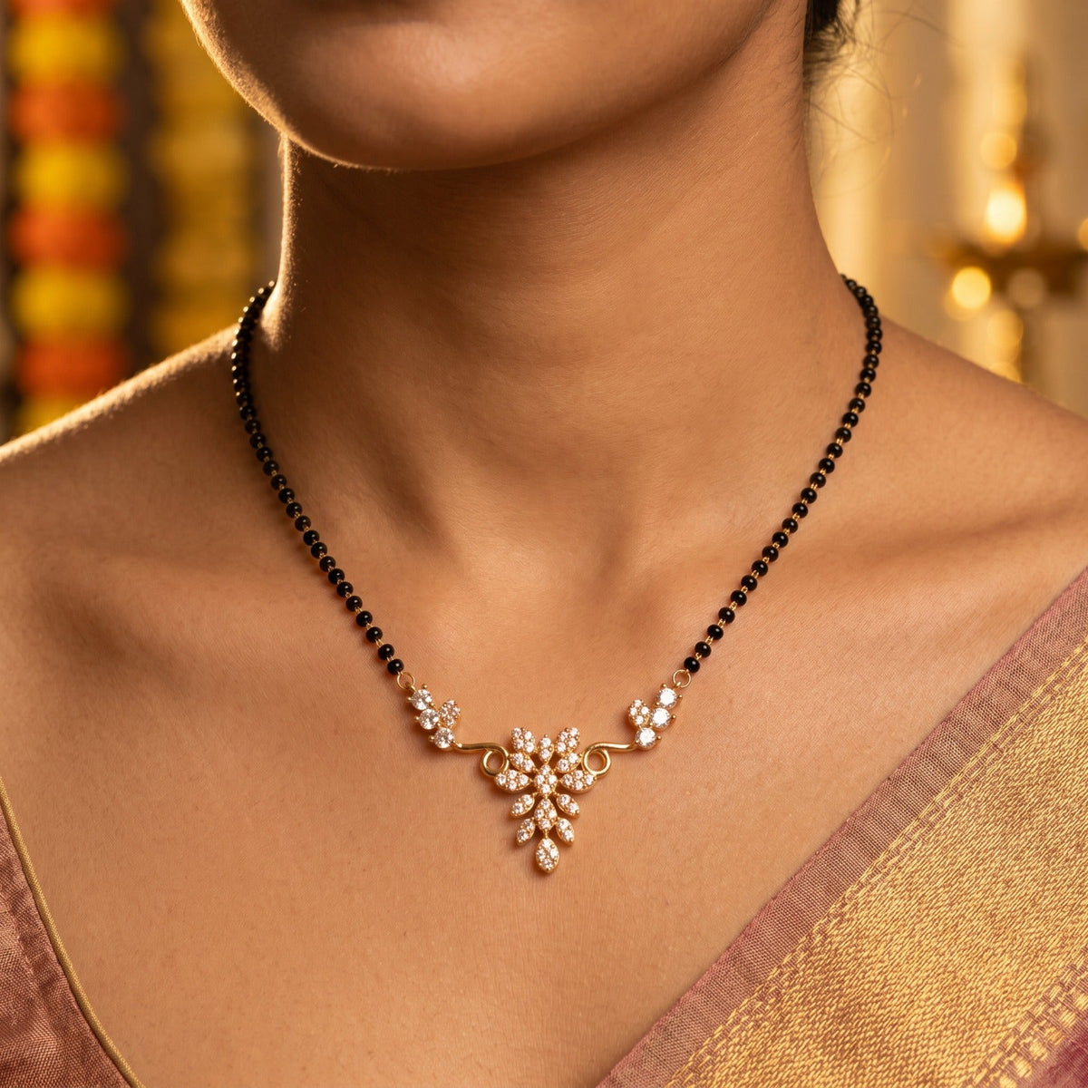 925 Sterling Silver Gold Plated Floral Marquise CZ Modern Mangalsutra