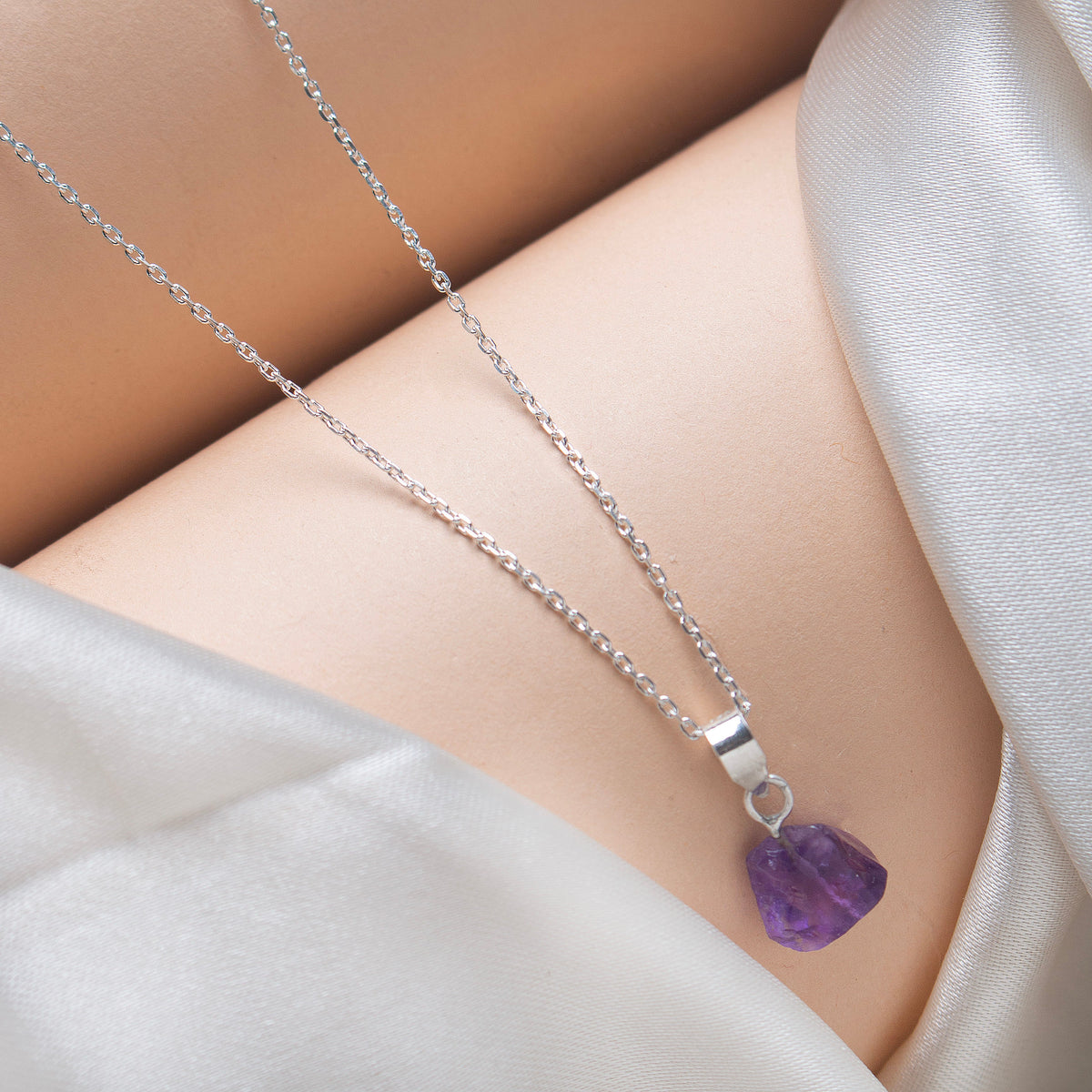 925 Sterling Silver Uncut Amethyst Pendant with 18" Chain for Women | Natural Raw Gemstone Handmade Jewelry Gift