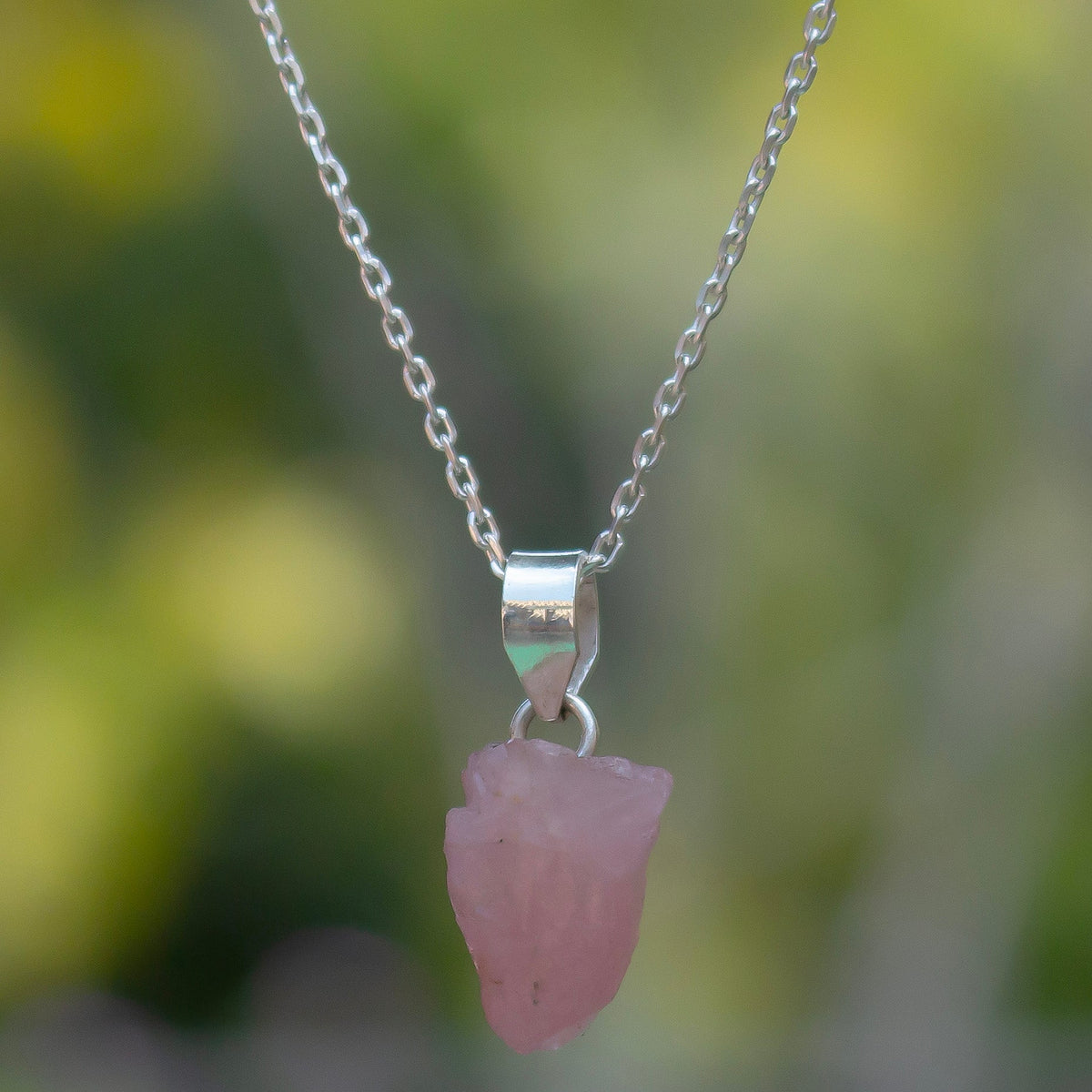 925 Sterling Silver Uncut Rose Quartz Pendant with 18" Chain for Women | Natural Raw Gemstone Handmade Jewelry
