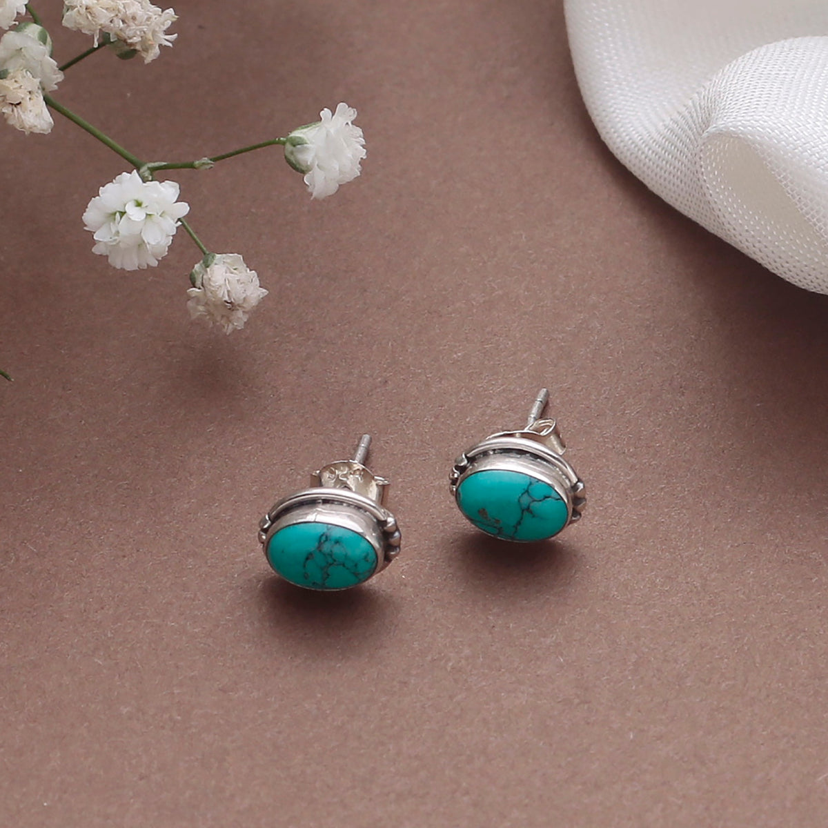 925 silver oval turquoise eartops handmade in bezel setting with push closure