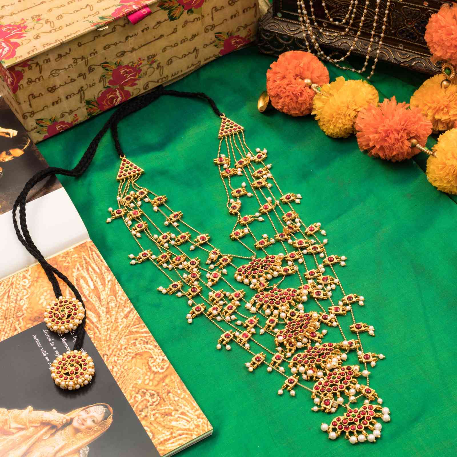 Layered Pearl Necklace with Multi Layered Temple Design