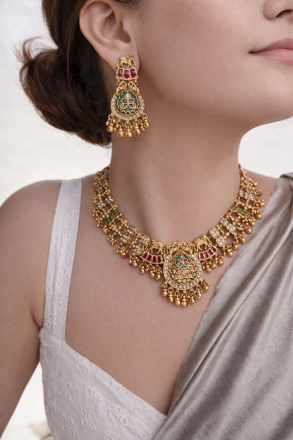 Mahashree Elephant Motif Temple Necklace Set