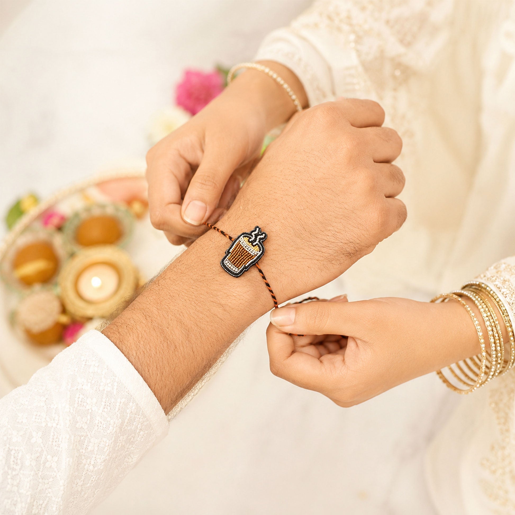 Close-up view of beaded drink cup rakhi for brother