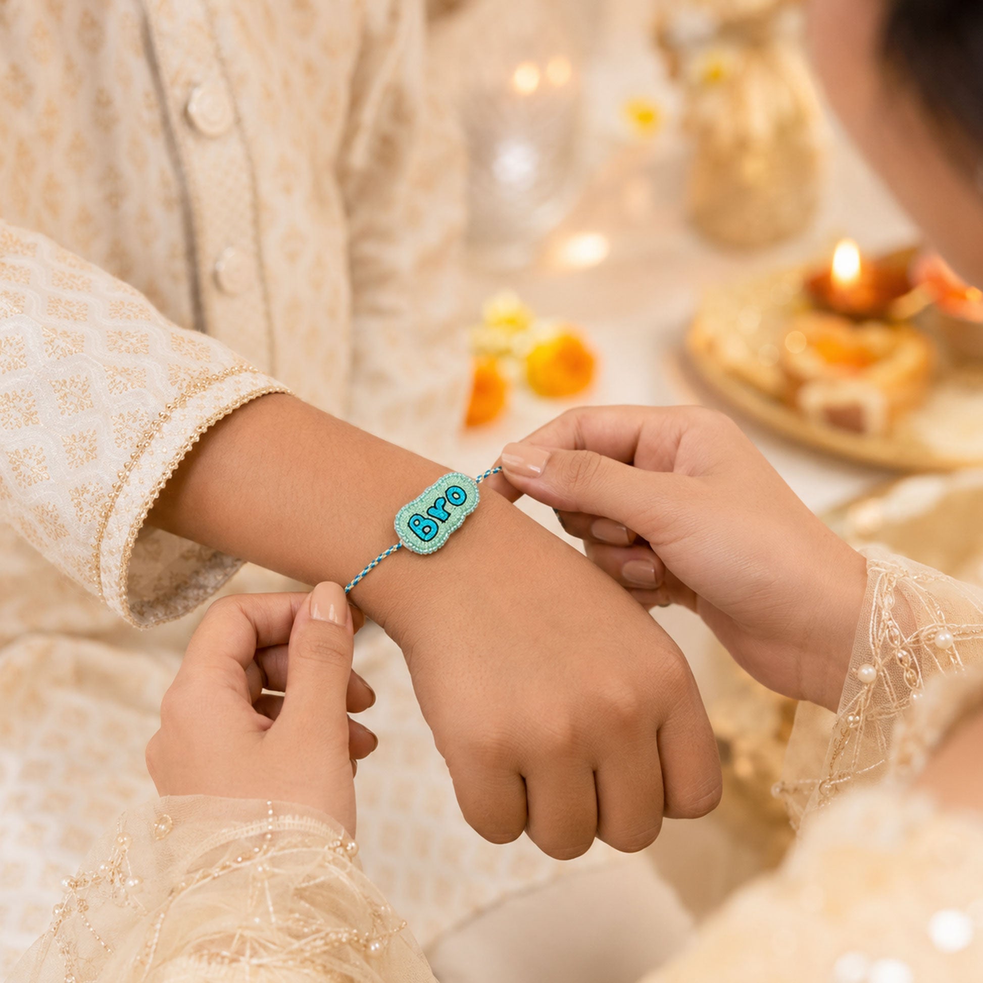 Close-up view of Bro text beaded rakhi for brother