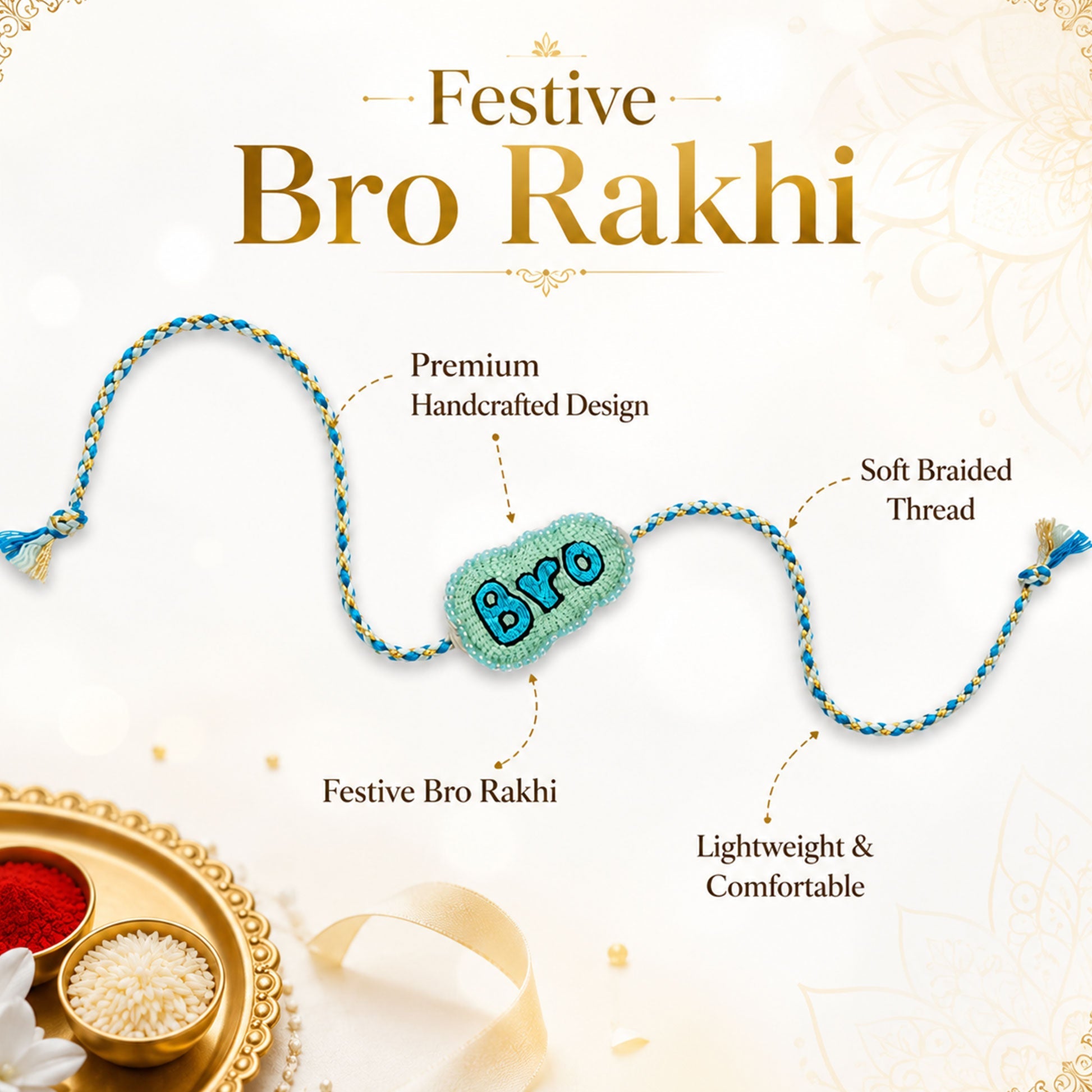 Detailed view of handcrafted blue beaded designer rakhi