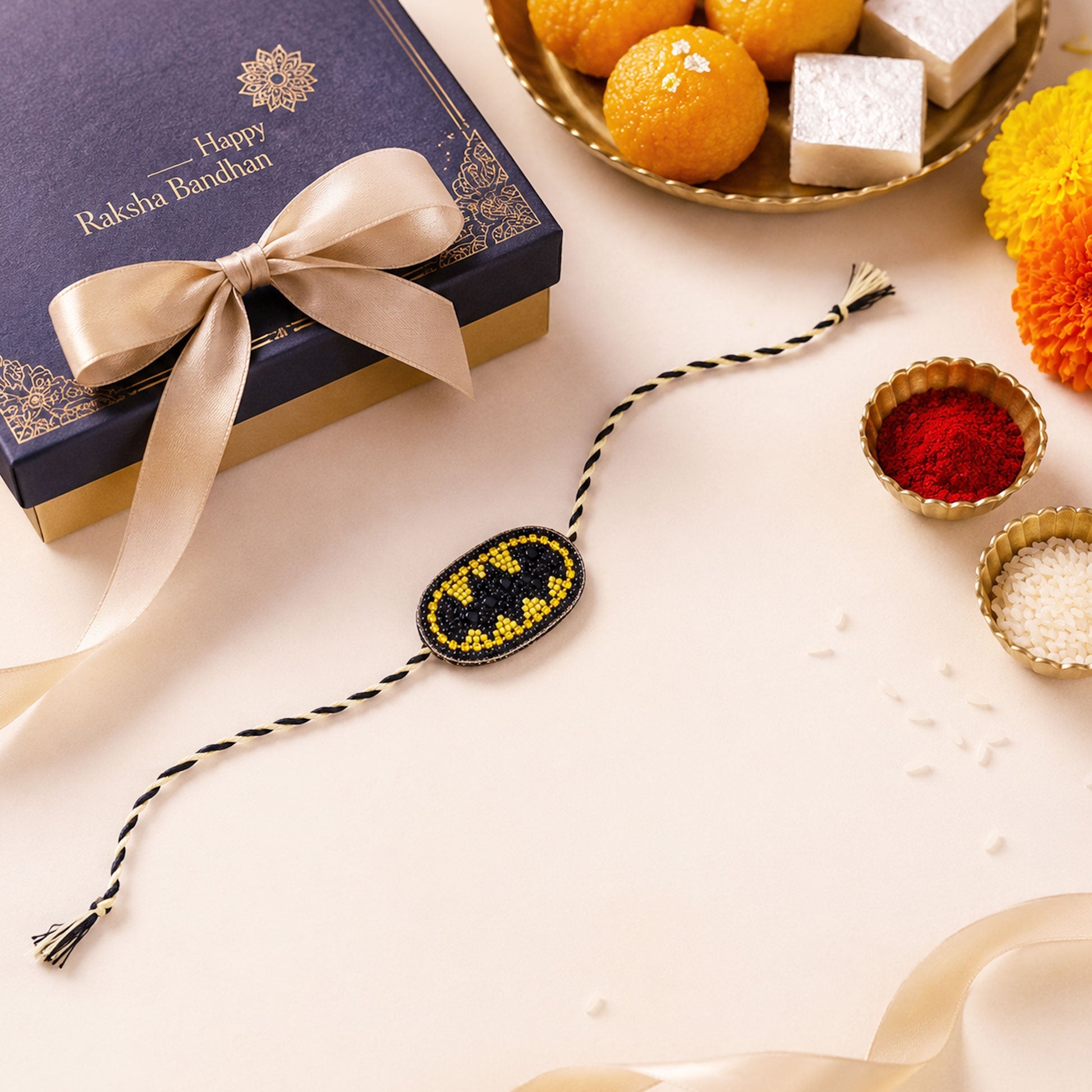 Trendy bat symbol rakhi with black and yellow braided thread