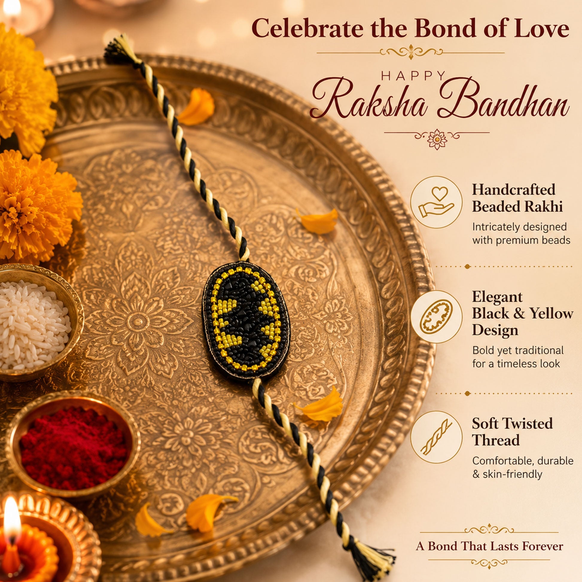 Detailed view of handcrafted black yellow beaded rakhi