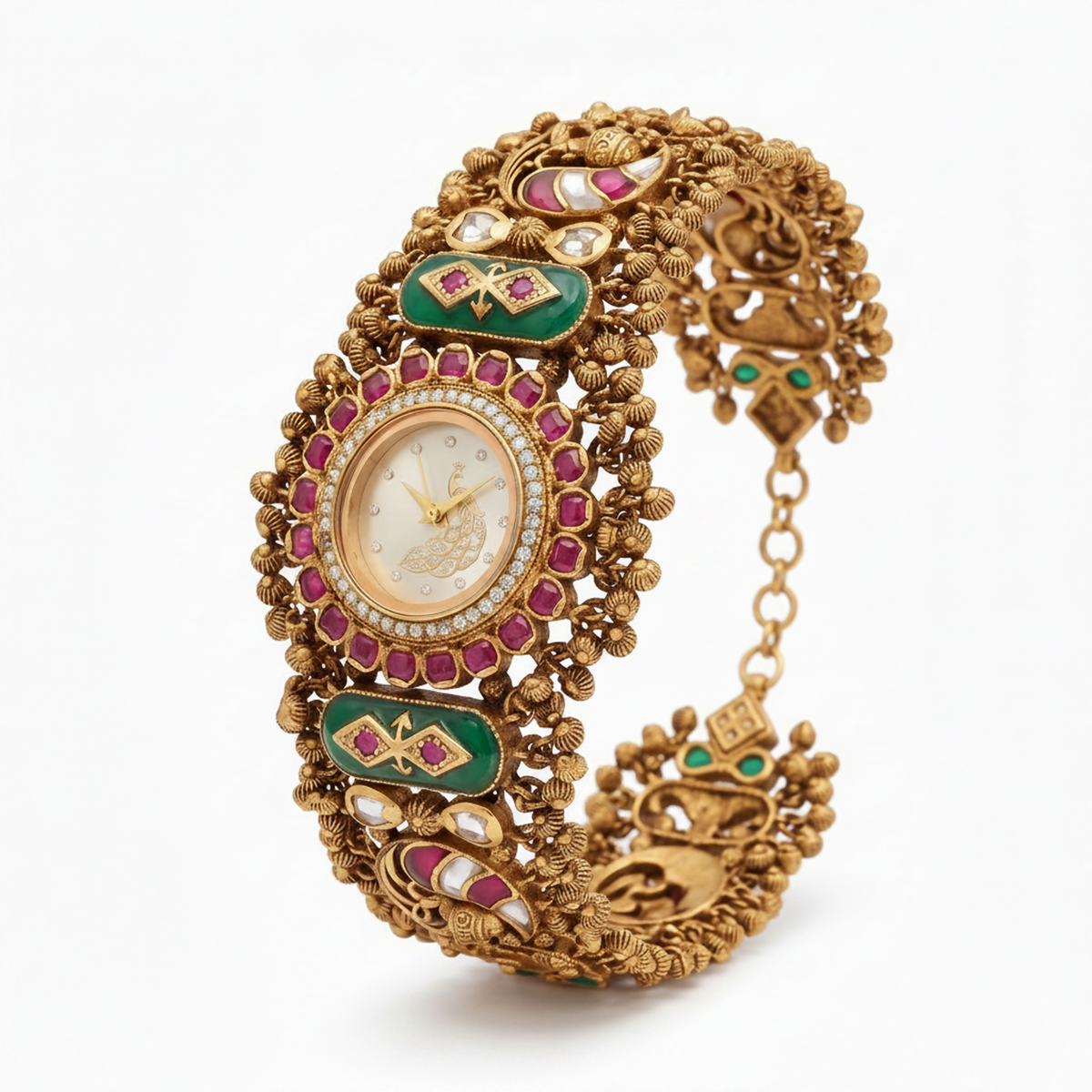 Antique Gold White Dial Peacock Motif Ruby Bezel Green Meenakari Ghungroo Bracelet Watch for Women & Girls | Stylish Watch | Wrist Watches for Girls | Ideal for gifting | Gift for Diwali, Christmas, Marriage, Birthday, anniversary, wedding