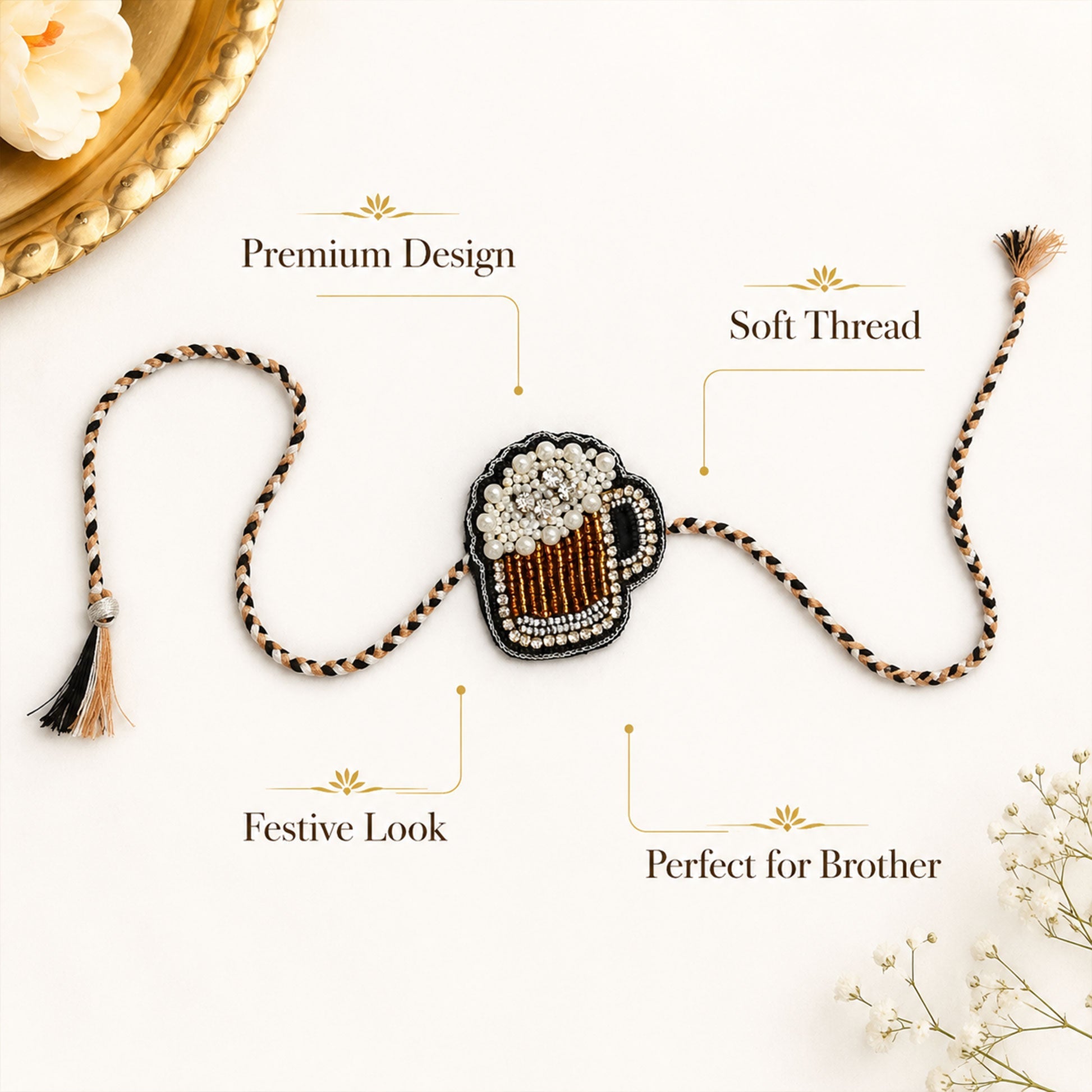Stylish beverage mug rakhi with pearl foam and black border