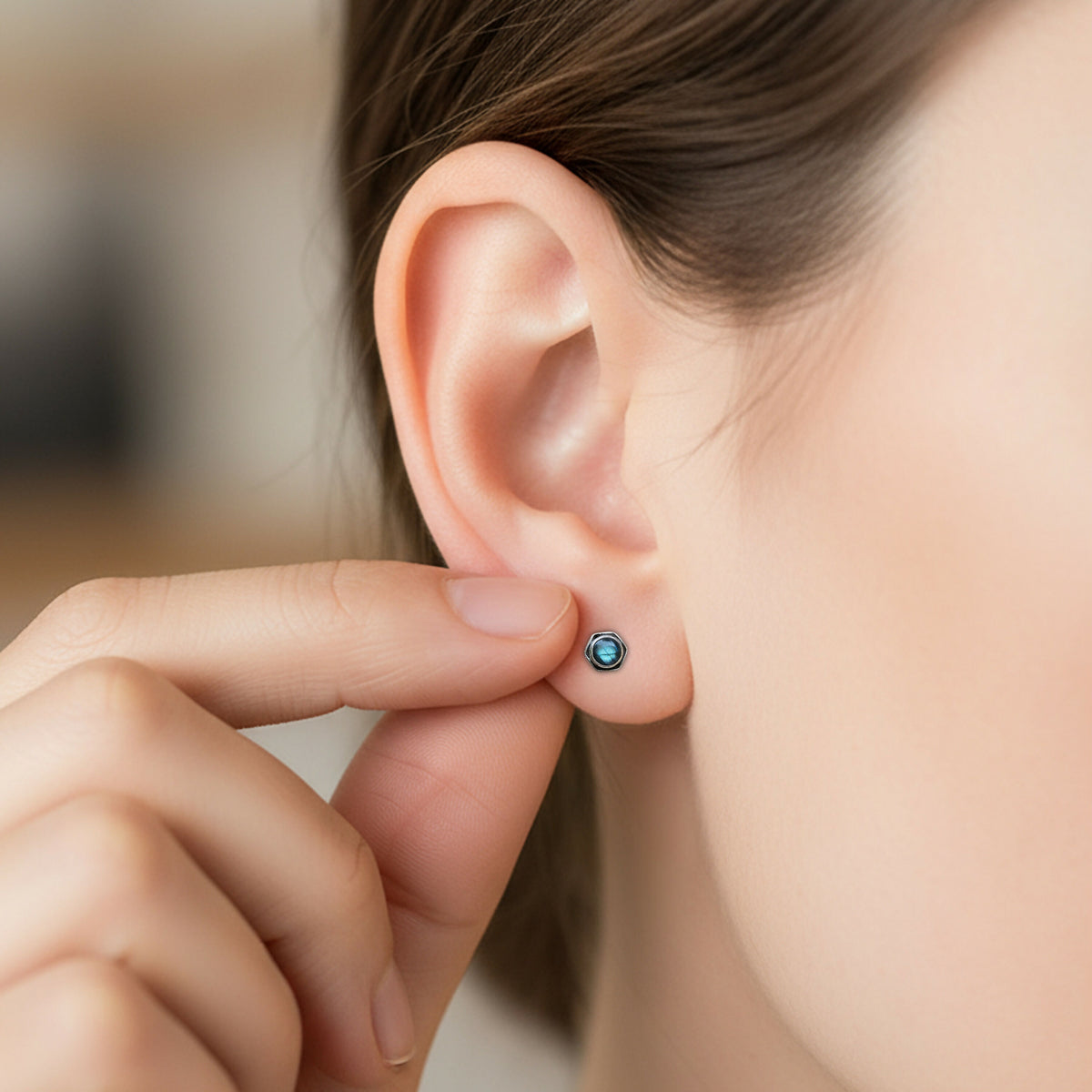 925 Sterling Silver Labradorite Eartops for Women | Natural Blue Gemstone Stud Earrings | High Polish Daily Wear Silver Jewelry