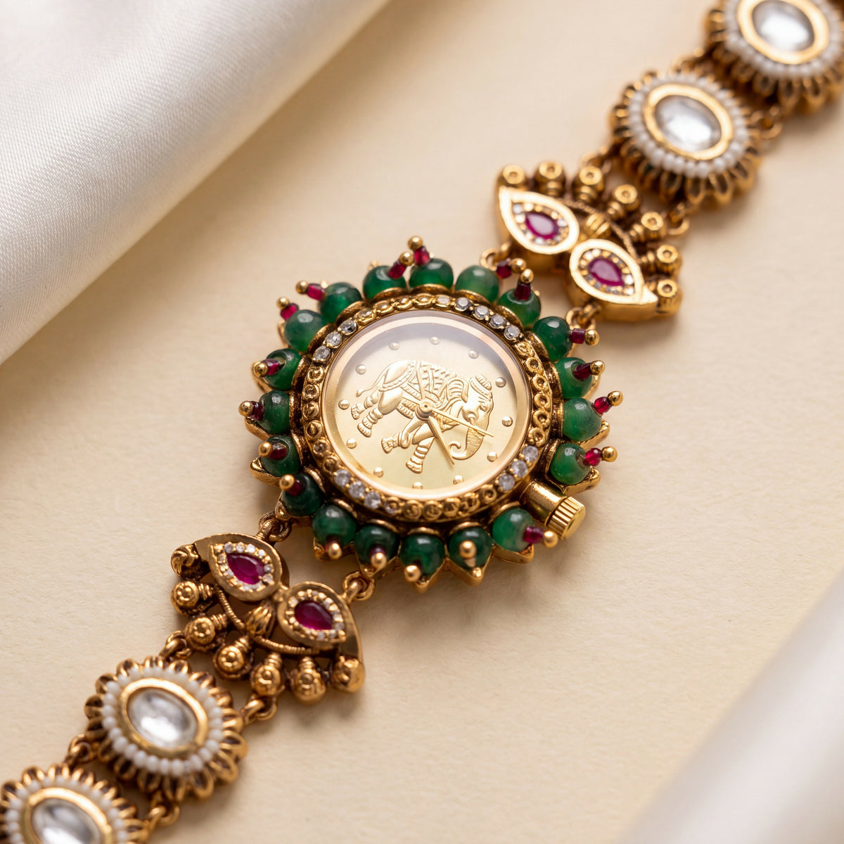 Antique Gold Dial Elephant Motif CZ Emerald Bead Bracelet Watch for Women & Girls | Stylish Watch | Wrist Watches for Girls | Ideal for gifting | Gift for Diwali, Christmas, Marriage, Birthday, anniversary, wedding