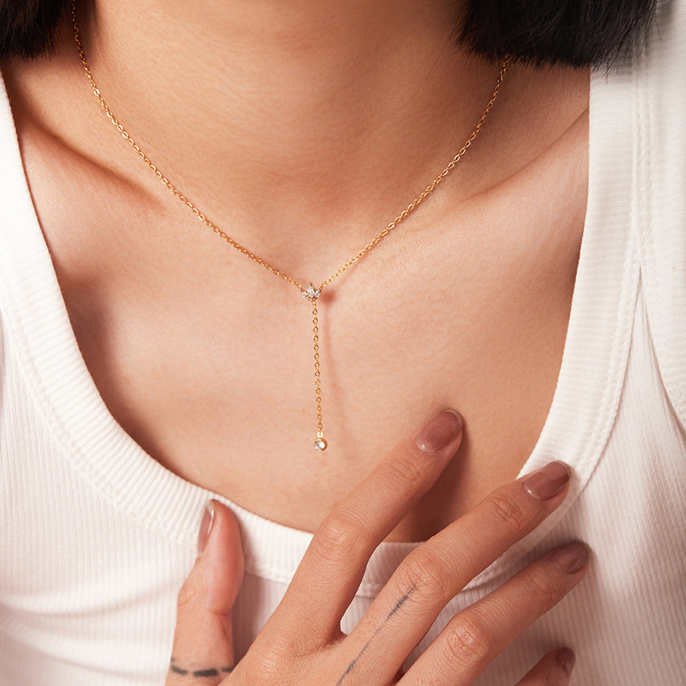 18k gold-plated Stella lariat necklace with white stone leaves and ball drop �? anti-tarnish, waterproof, elegant.