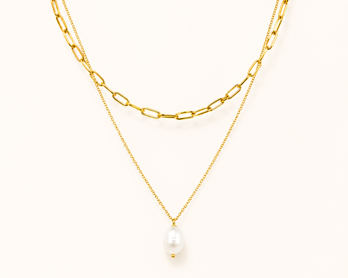Pearl Heart Layered Chain Necklace