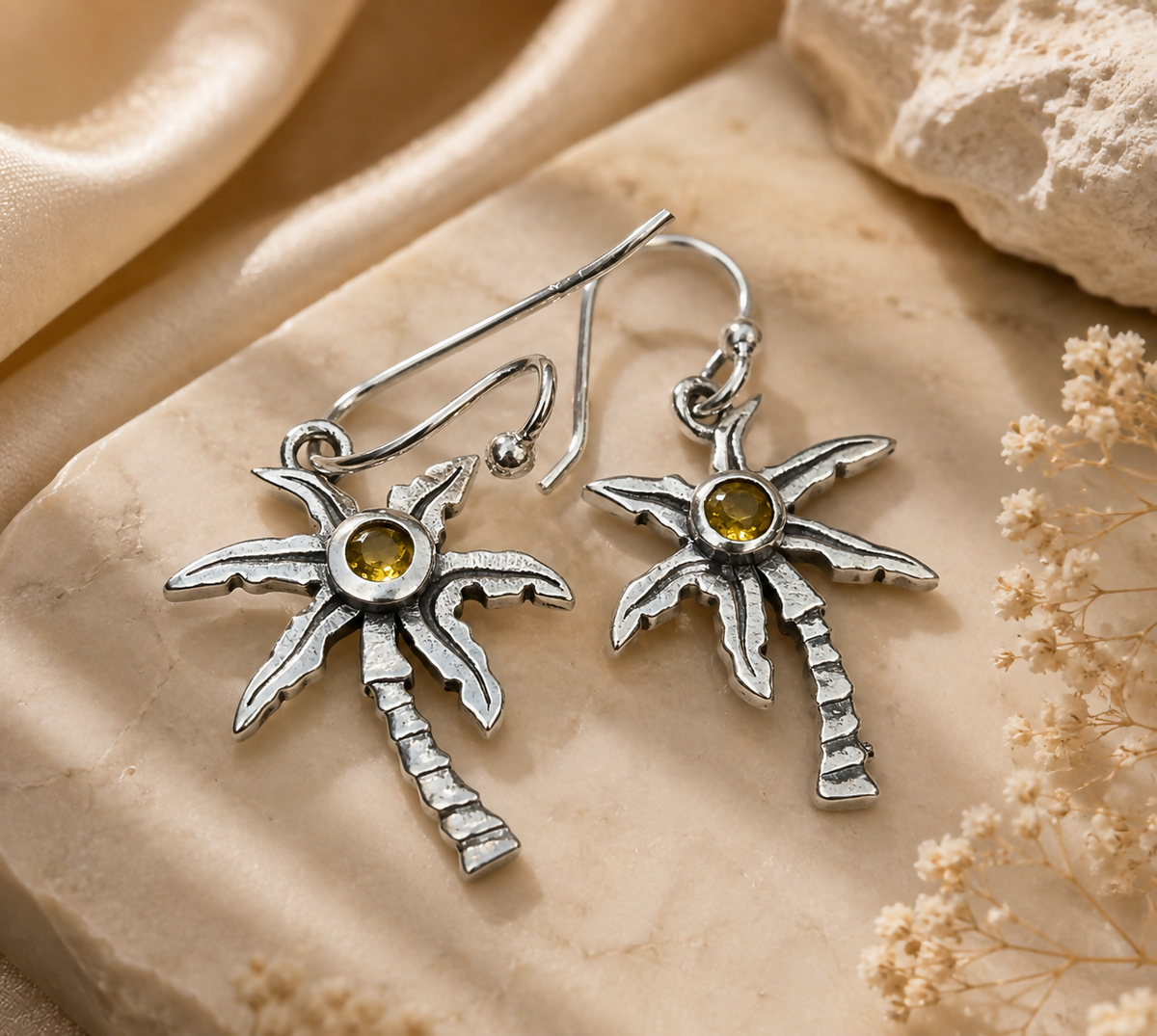Natural Citrine Earrings | 925 Sterling Silver | Palm Tree Drop Earrings