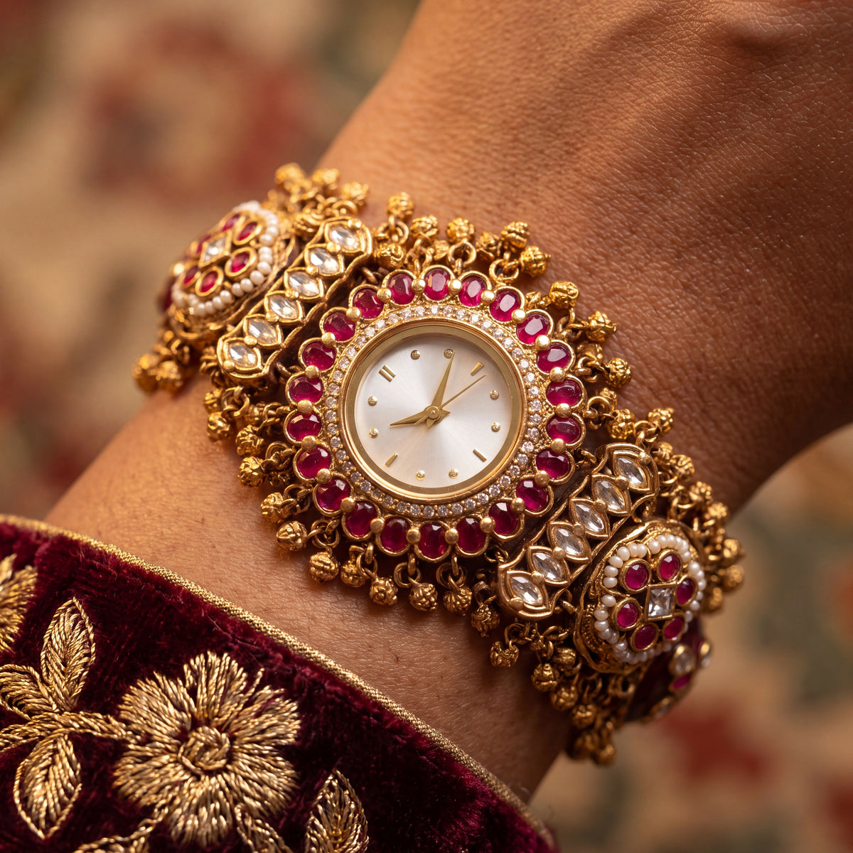 Antique Gold White Dial Ruby Bezel Kundan Bar Temple Ghungroo Bracelet Watch for Women & Girls | Stylish Watch | Wrist Watches for Girls | Ideal for gifting | Gift for Diwali, Christmas, Marriage, Birthday, anniversary, wedding