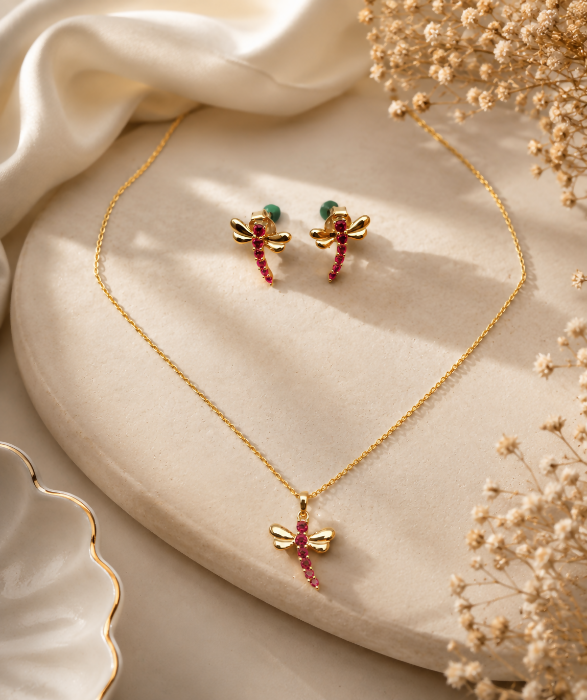 Ruby Dragonfly Gold Plated 925 Sterling Silver Jewellery Set