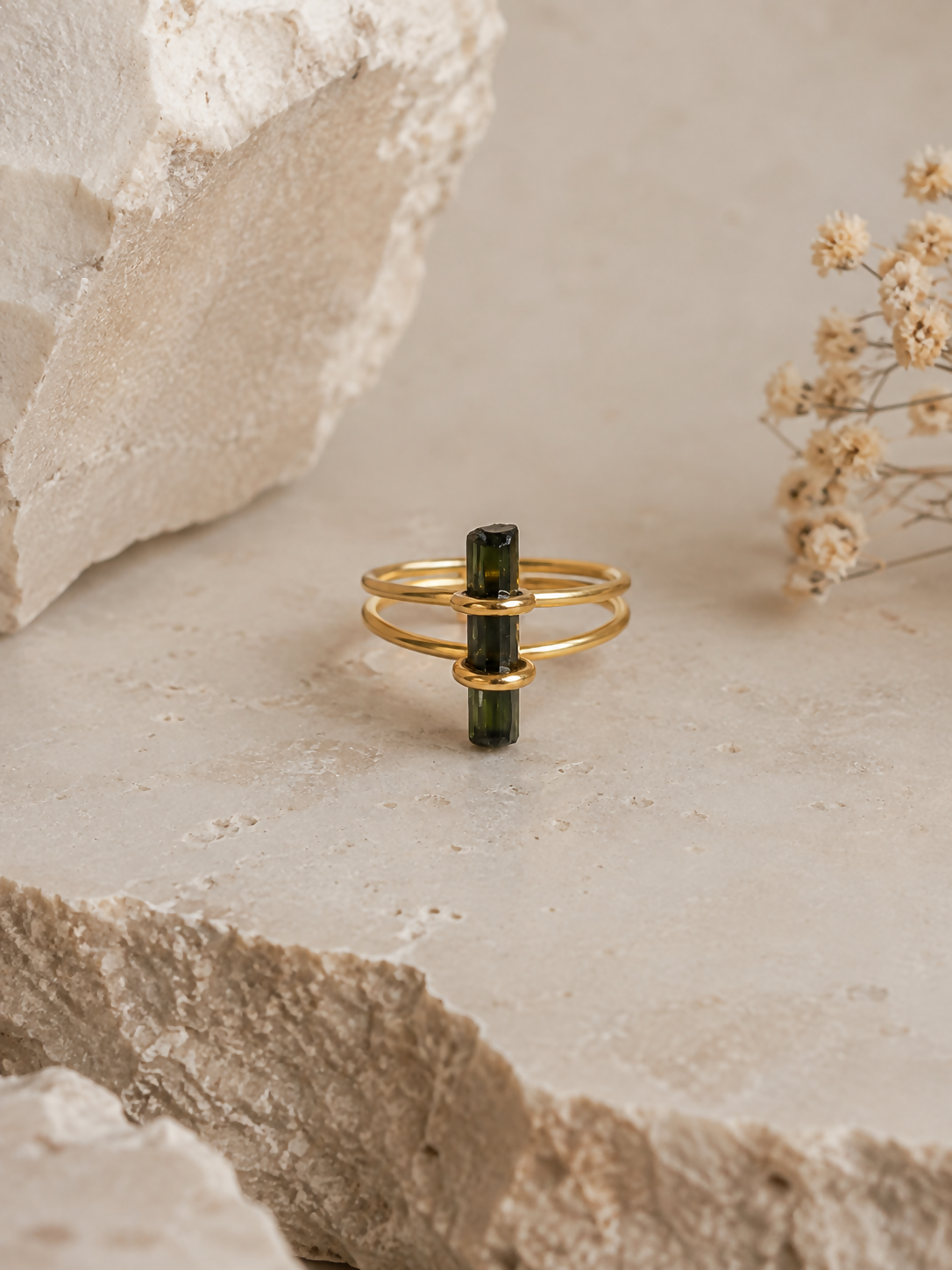 Natural Black Tourmaline Double Band Ring Gold Plated