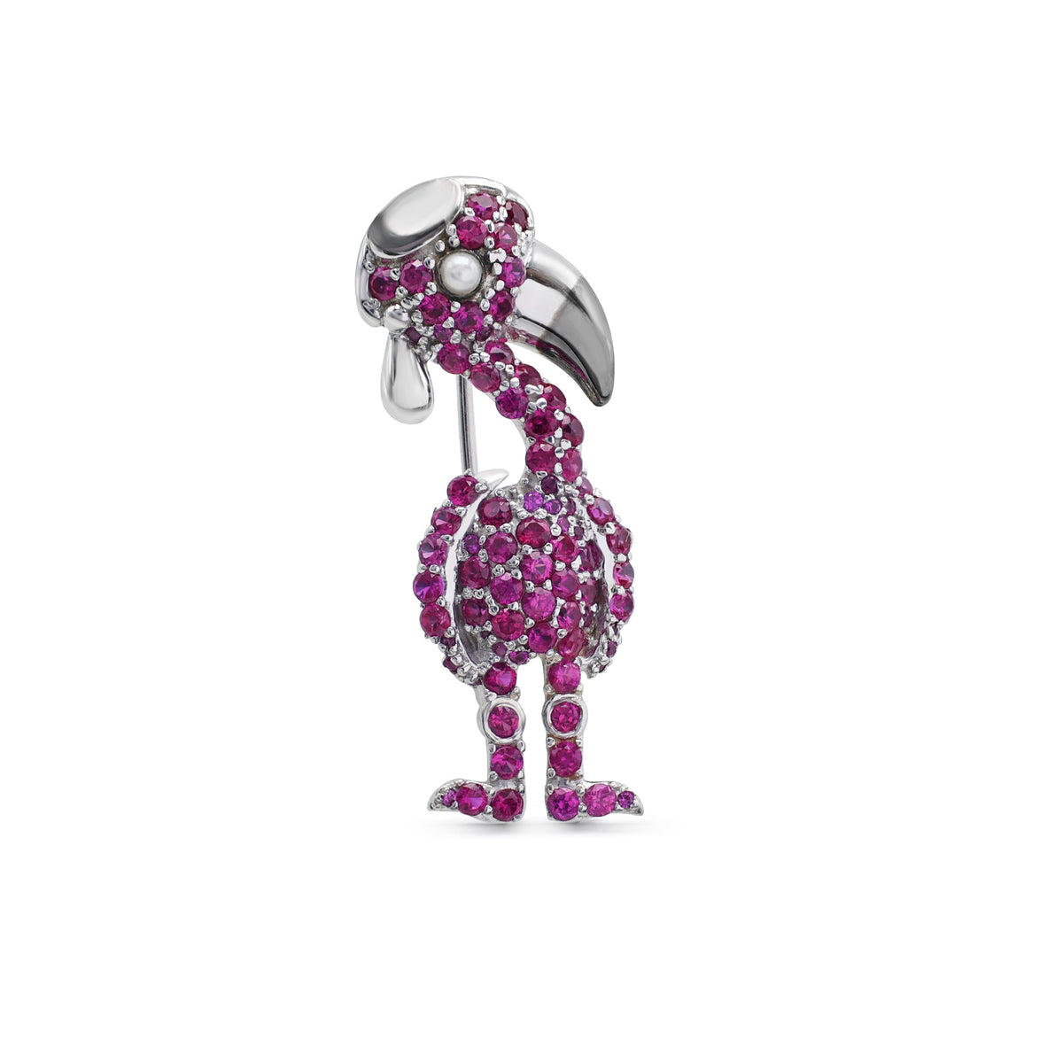 Whimsical Pink Flamingo Brooch with Laboratory-Grown Pink Sapphires & Pearl in 925 Sterling Silver