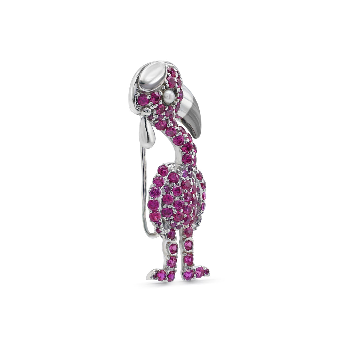Whimsical Pink Flamingo Brooch with Laboratory-Grown Pink Sapphires & Pearl in 925 Sterling Silver