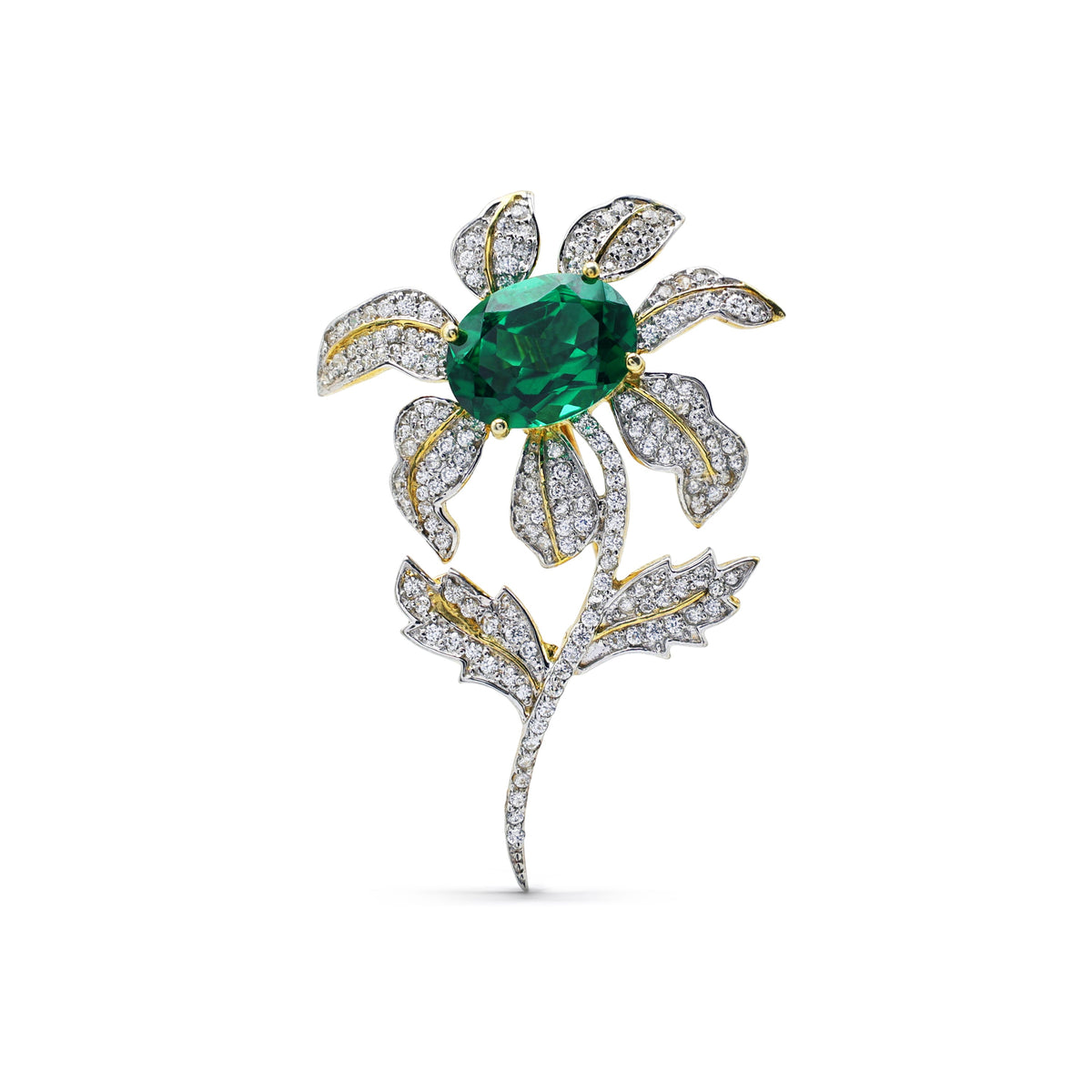 Magnificent Floral Brooch with Oval Laboratory-Grown Emerald & Pavé CZ in Two-Tone 925 Sterling Silver