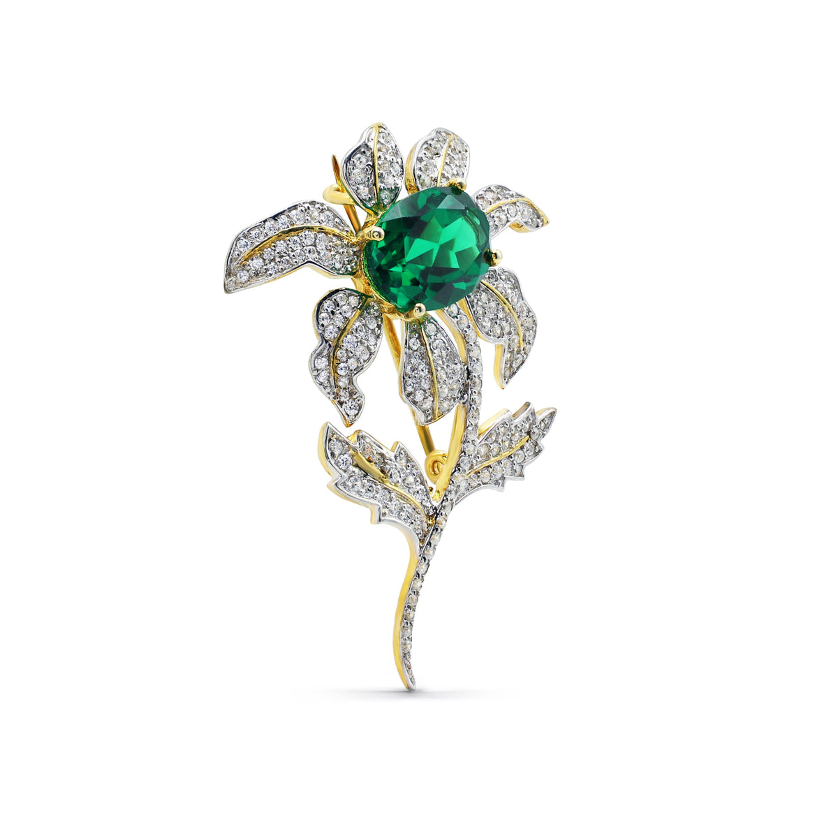Magnificent Floral Brooch with Oval Laboratory-Grown Emerald & Pavé CZ in Two-Tone 925 Sterling Silver