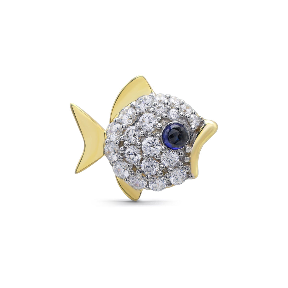 Whimsical Fish Brooch with Pavé Cubic Zirconia & Laboratory-Grown Sapphire Eye in Two-Tone 925 Sterling Silver