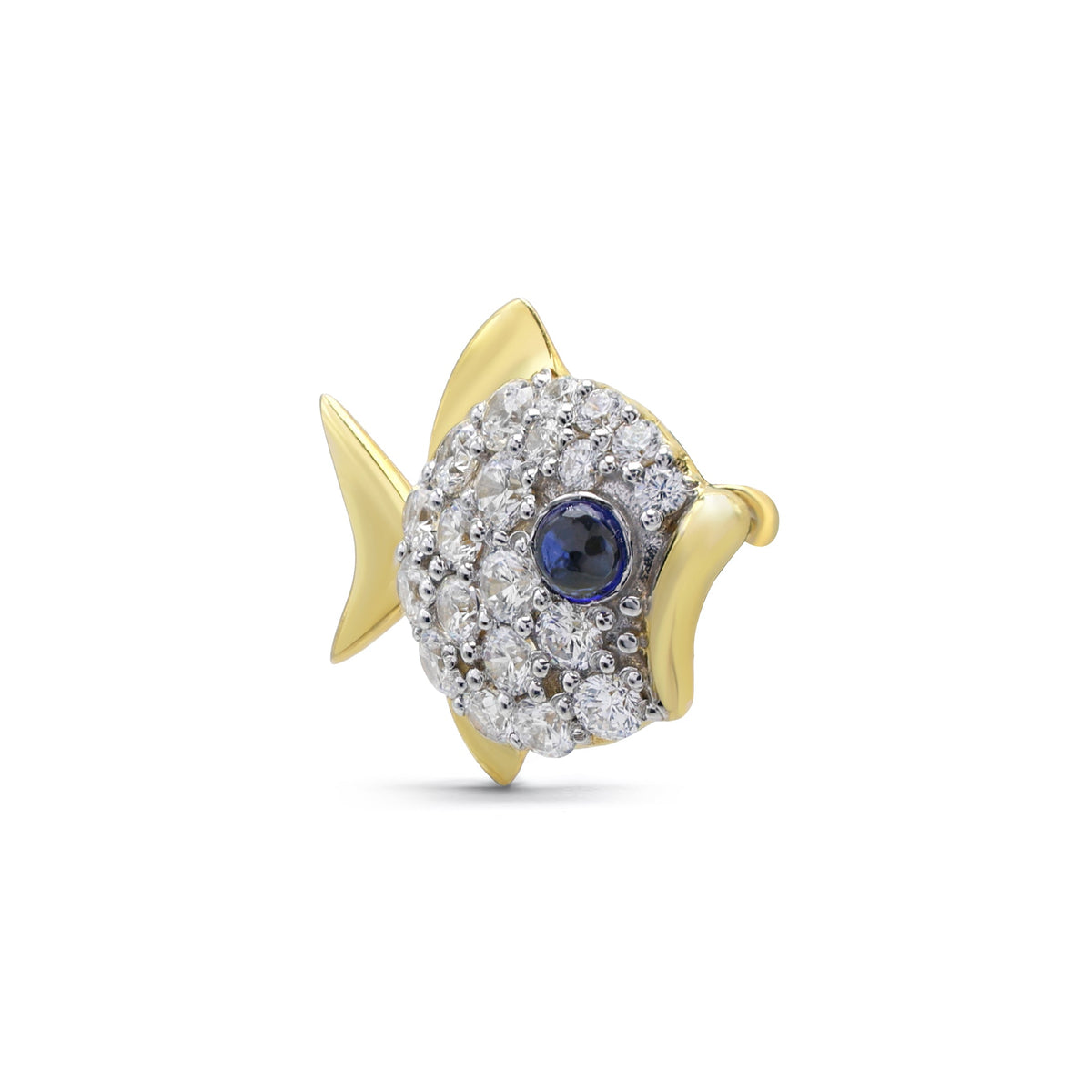 Whimsical Fish Brooch with Pavé Cubic Zirconia & Laboratory-Grown Sapphire Eye in Two-Tone 925 Sterling Silver