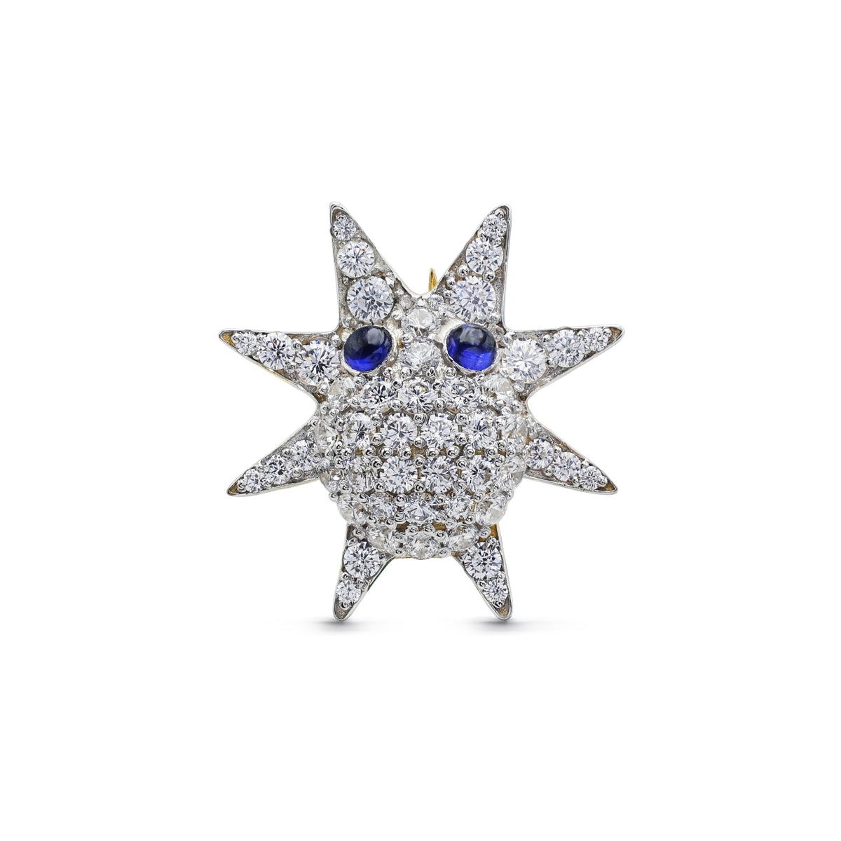 Whimsical Sparkling Star Brooch with Pavé Cubic Zirconia & Laboratory-Grown Sapphire Eyes in Two-Tone Sterling Silver