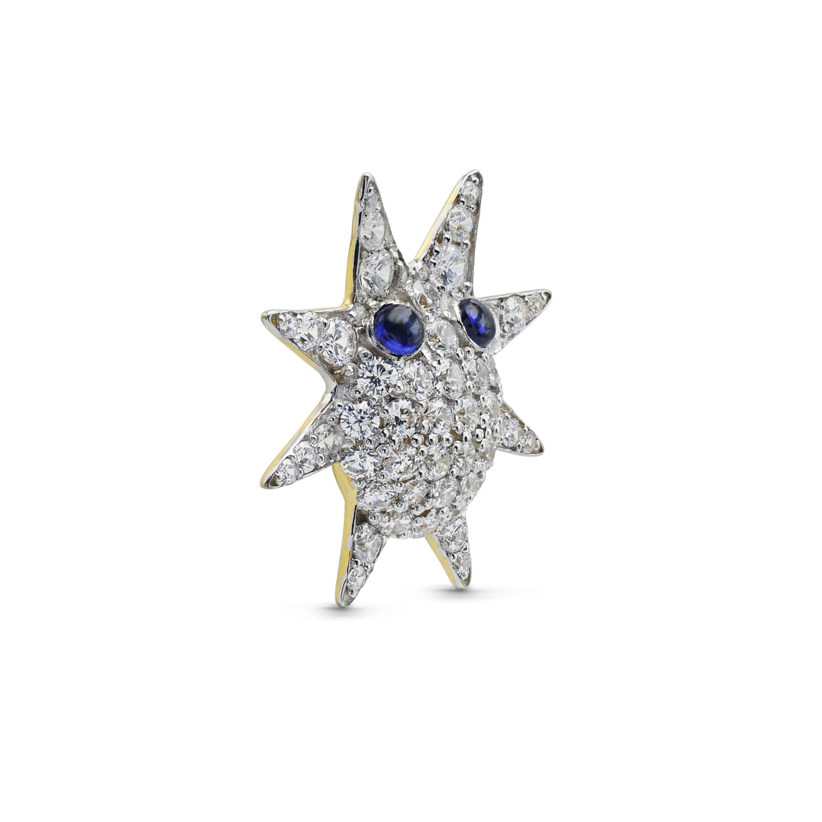 Whimsical Sparkling Star Brooch with Pavé Cubic Zirconia & Laboratory-Grown Sapphire Eyes in Two-Tone Sterling Silver