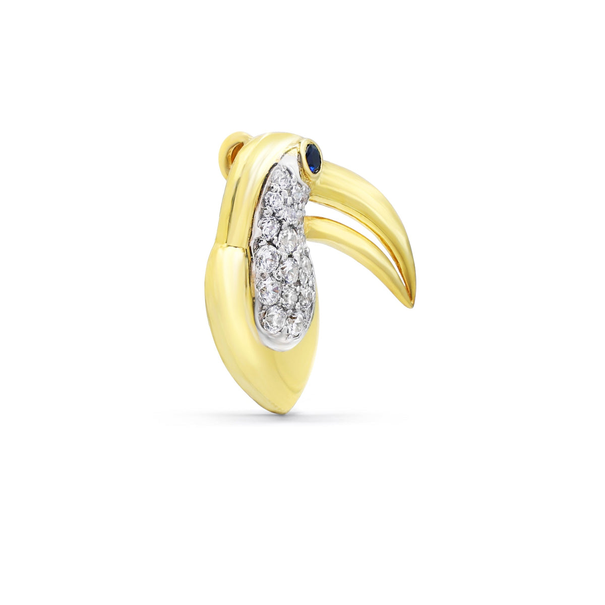 Modern Toucan Brooch with Pavé Cubic Zirconia & Sapphire Eye in Two-Tone 925 Sterling Silver