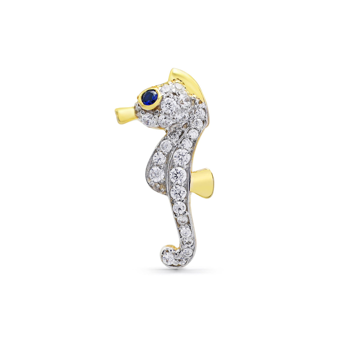 Whimsical Seahorse Brooch with Pavé CZ & Laboratory-Grown Sapphire Eye in Two-Tone 925 Sterling Silver