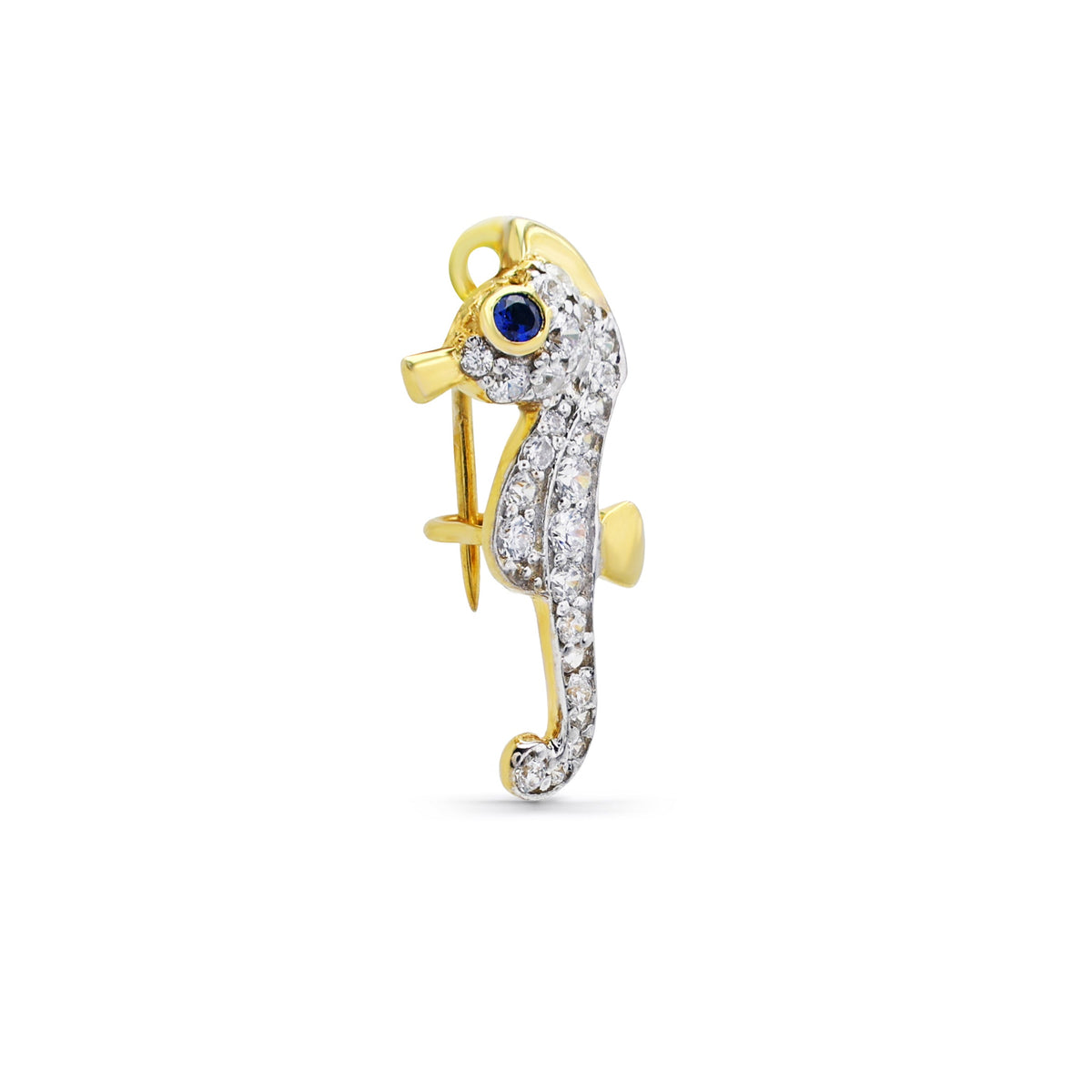 Whimsical Seahorse Brooch with Pavé CZ & Laboratory-Grown Sapphire Eye in Two-Tone 925 Sterling Silver