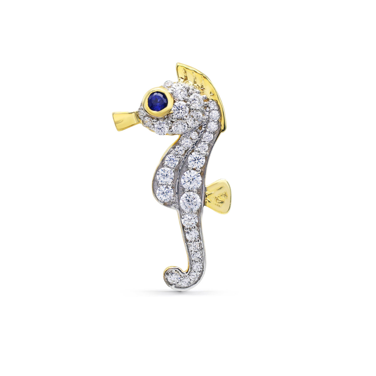 Sparkling Seahorse Brooch with Pavé CZ & Laboratory-Grown Sapphire Eye in Two-Tone 925 Sterling Silver