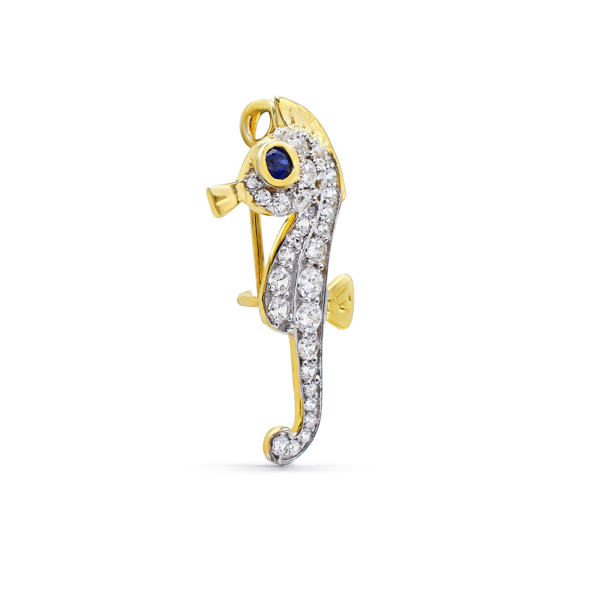 Sparkling Seahorse Brooch with Pavé CZ & Laboratory-Grown Sapphire Eye in Two-Tone 925 Sterling Silver