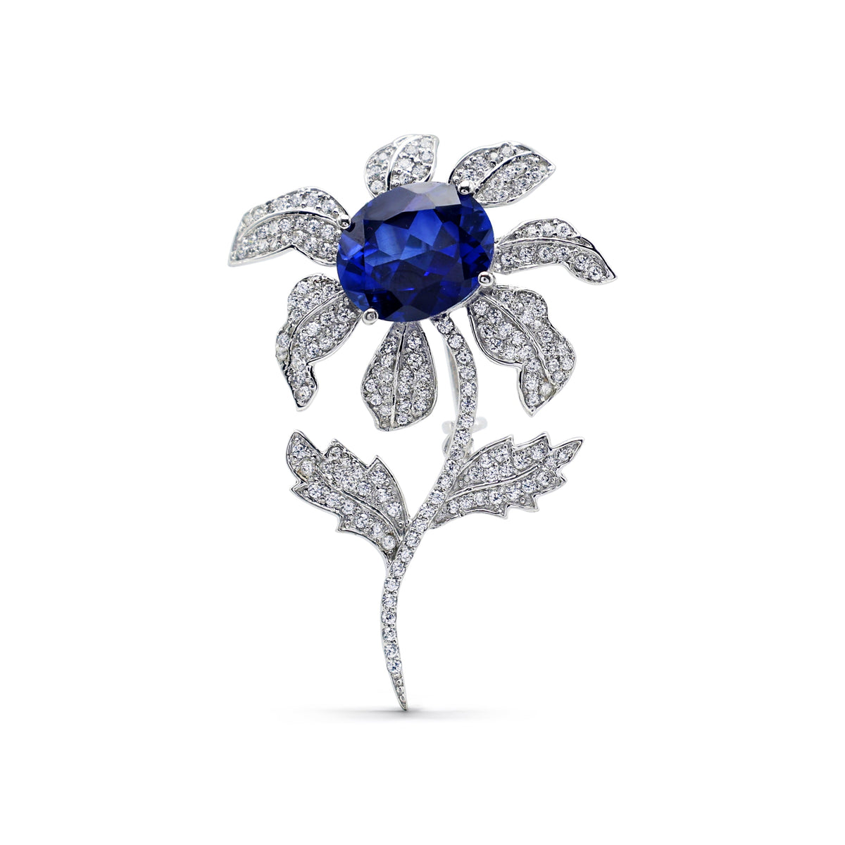 Magnificent Floral Brooch with Laboratory-Grown Blue Sapphire & Pavé CZ