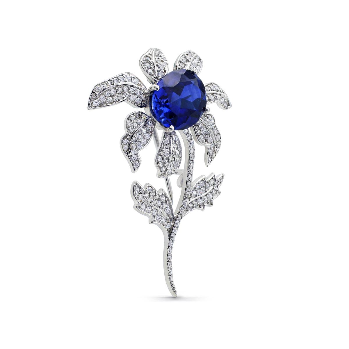 Magnificent Floral Brooch with Laboratory-Grown Blue Sapphire & Pavé CZ