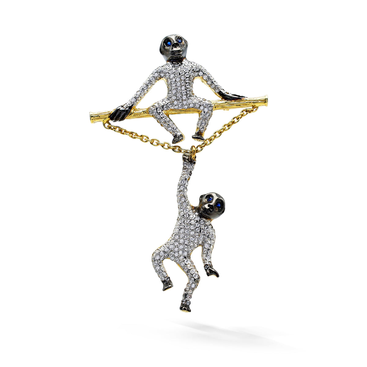 Whimsical Dangle Monkey Brooch with Pavé Cubic Zirconia & Sapphire Eyes in Two-Tone 925 Sterling Silver