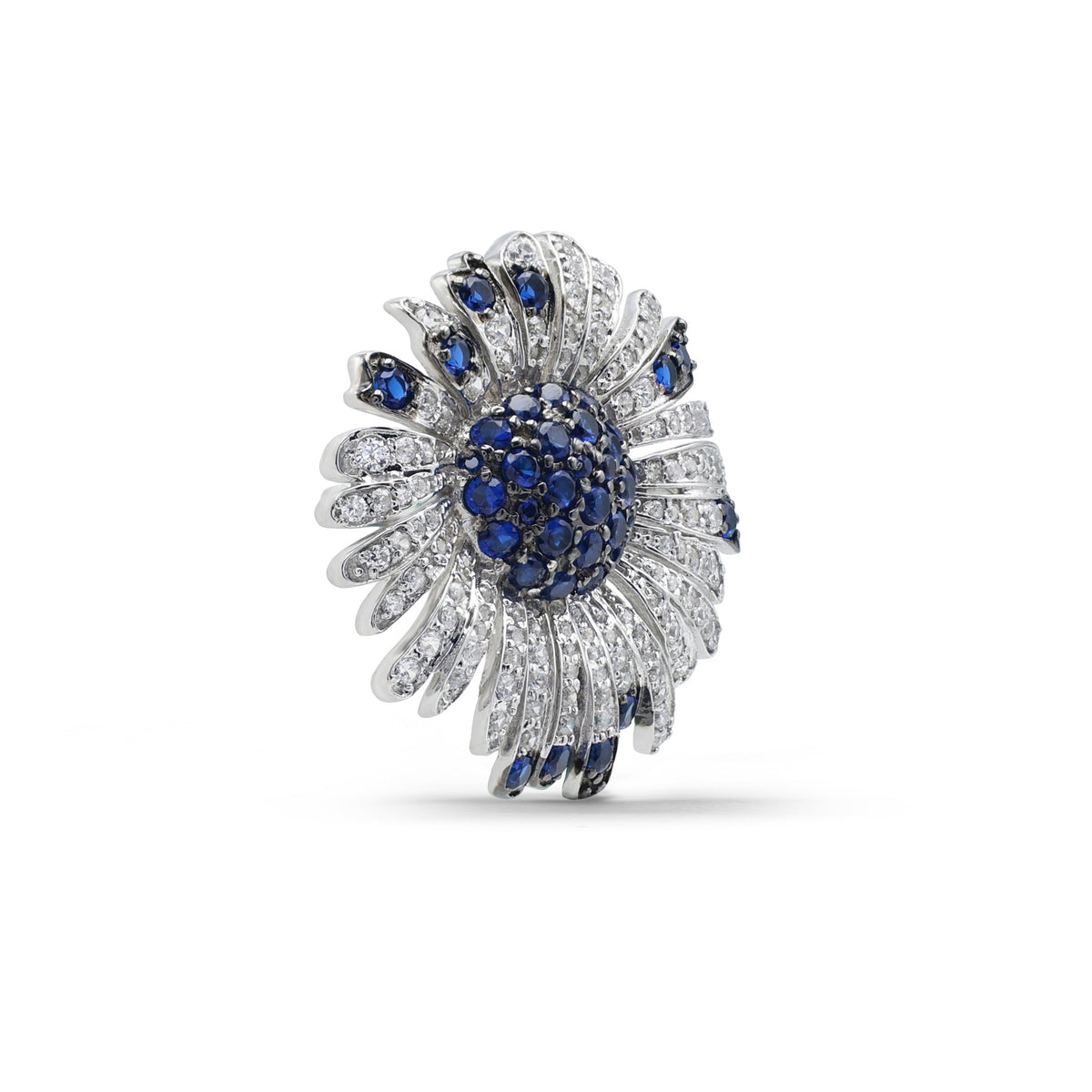 Statement Floral Sunburst Brooch with Laboratory-Grown Sapphire & Pavé CZ in 925 Sterling Silver